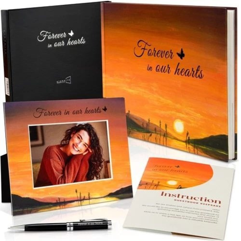 Eternita Funeral Guest Book Set Sunset Forever In Our Hearts Frame Pen NEW